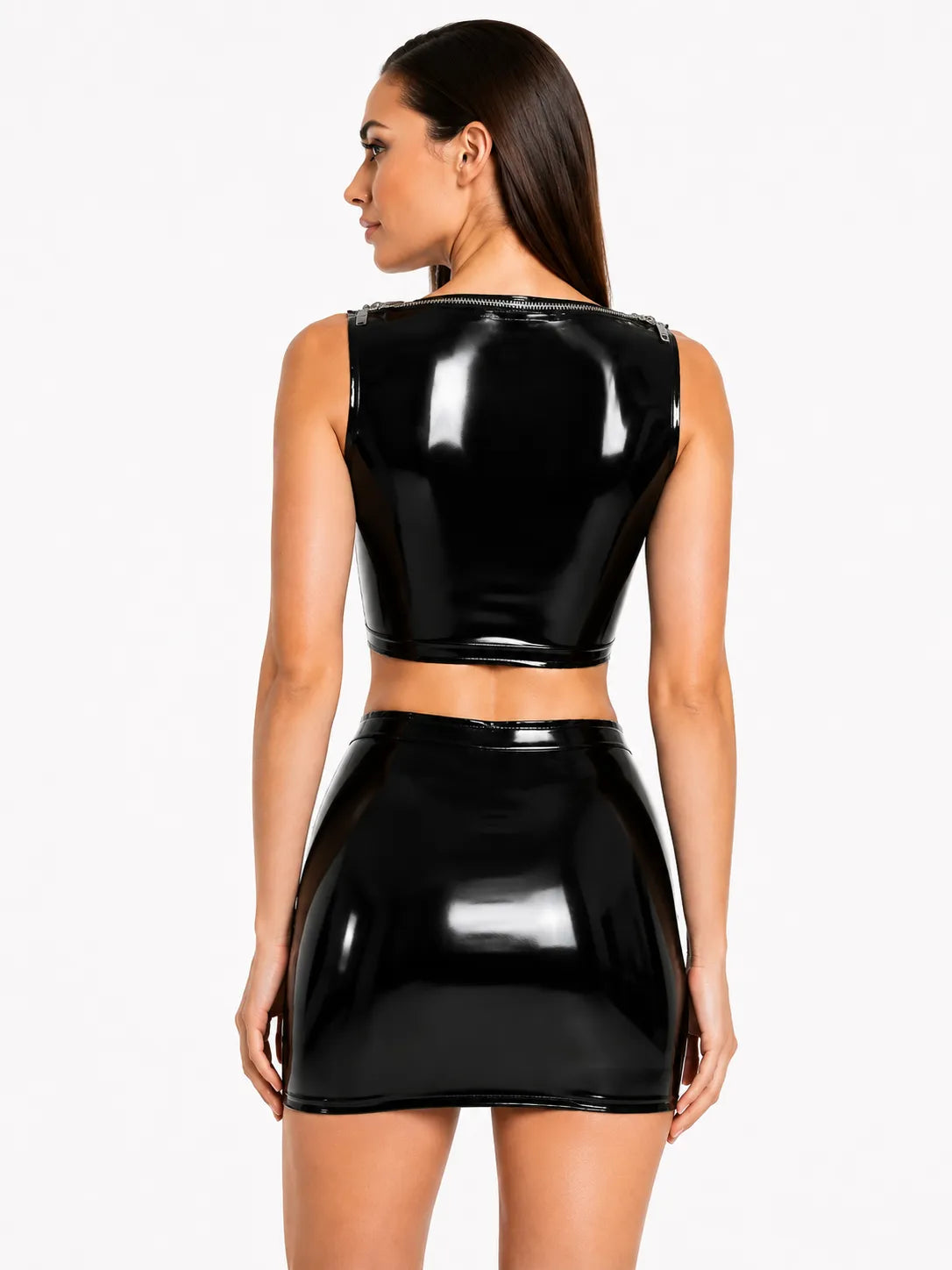 Black High-Neck Zip-Keyhole Sleeveless Latex Crop Top