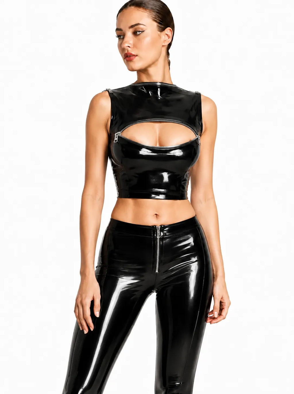 Black High-Neck Zip-Keyhole Sleeveless Latex Crop Top