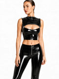 Black High-Neck Zip-Keyhole Sleeveless Latex Crop Top