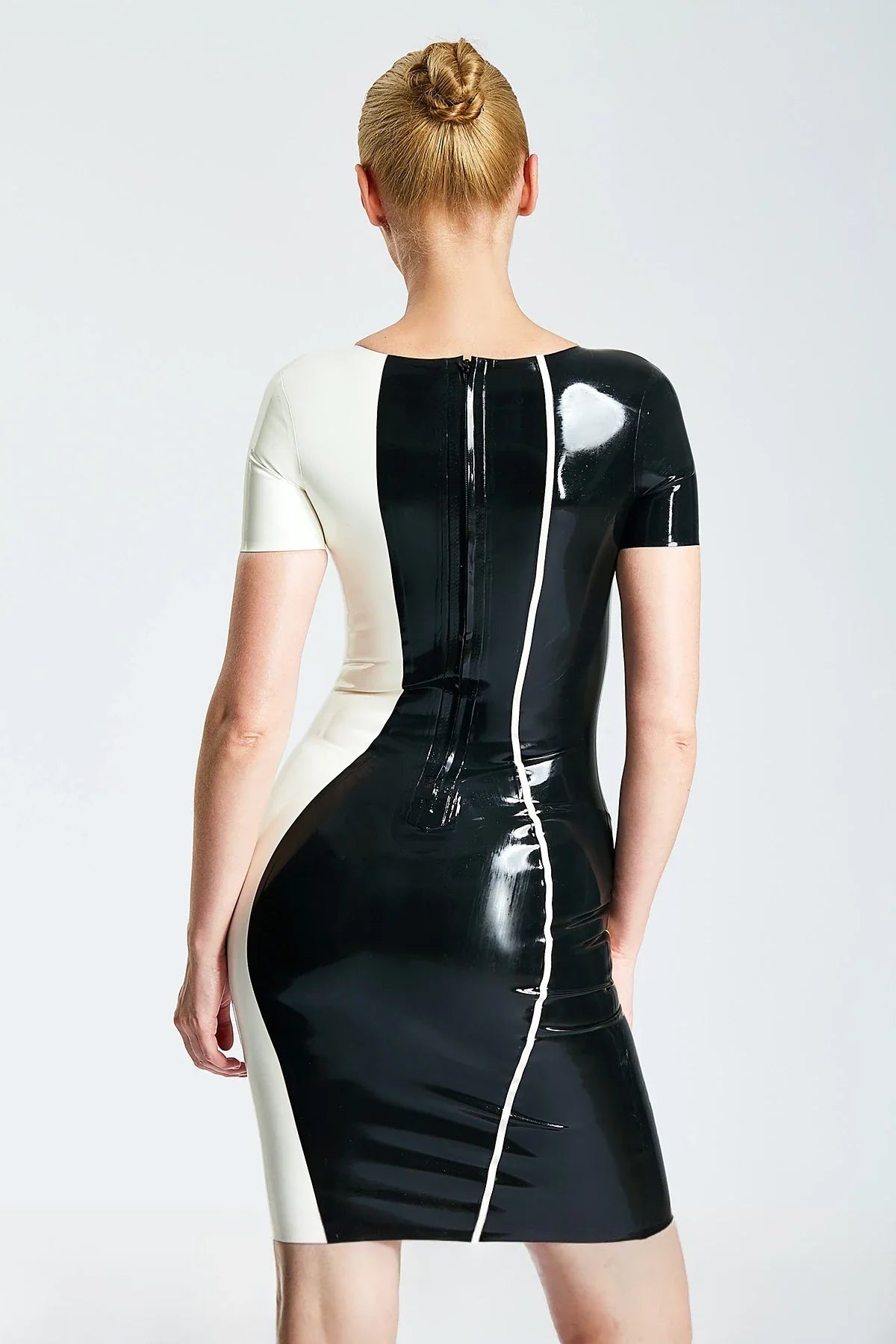 Black & White Hourglass Cocktail Back-Zip Latex Dress