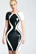 Black & White Hourglass Cocktail Back-Zip Latex Dress