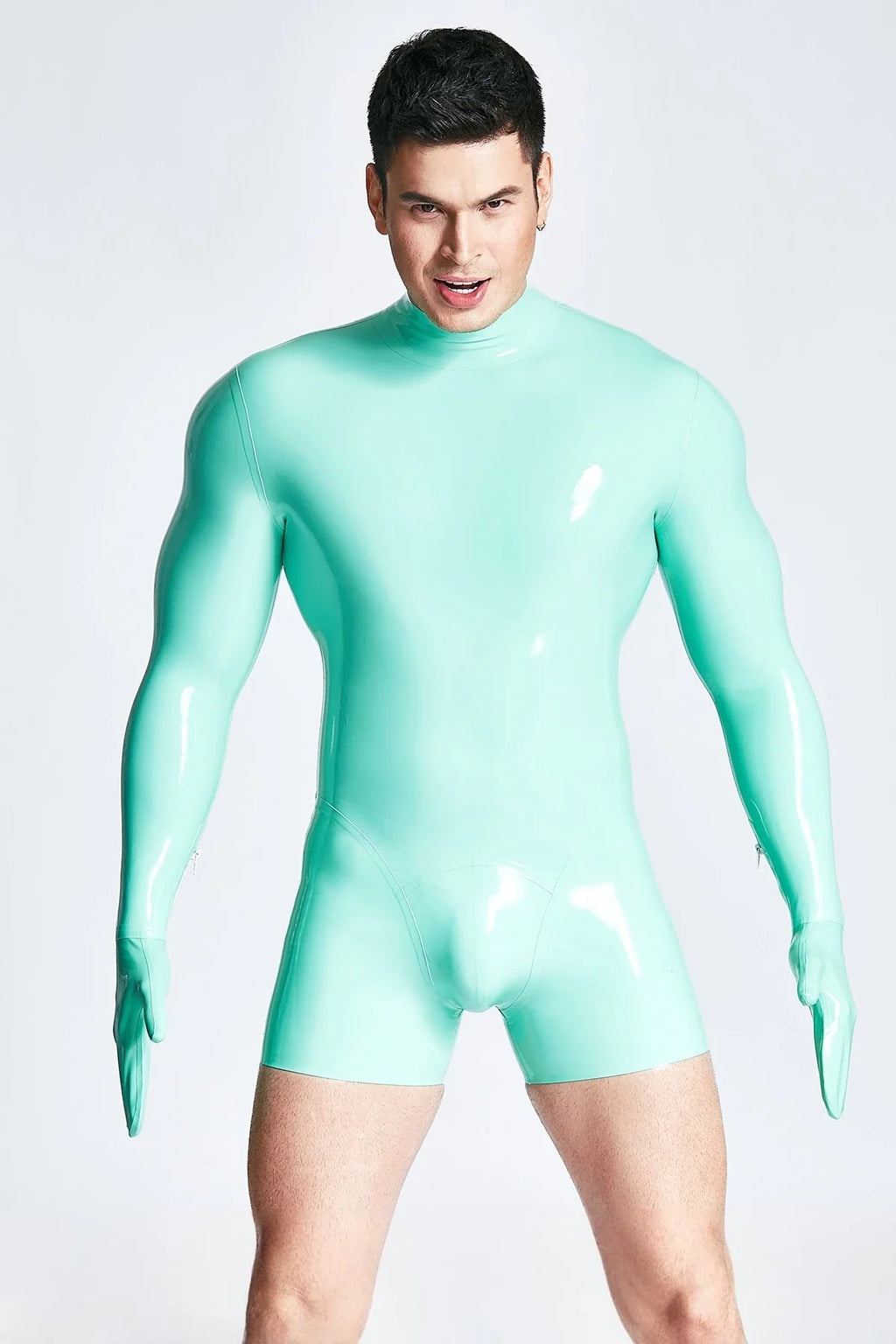 Jade Green Mitten-Sleeved Neck-Entry Latex Short Catsuit