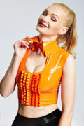 Orange Keyhole Bow-Neck Frilled Stud-Neck Latex Top