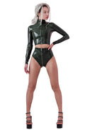 Khaki High-Neck Long-Sleeve High-Waist Latex Briefs