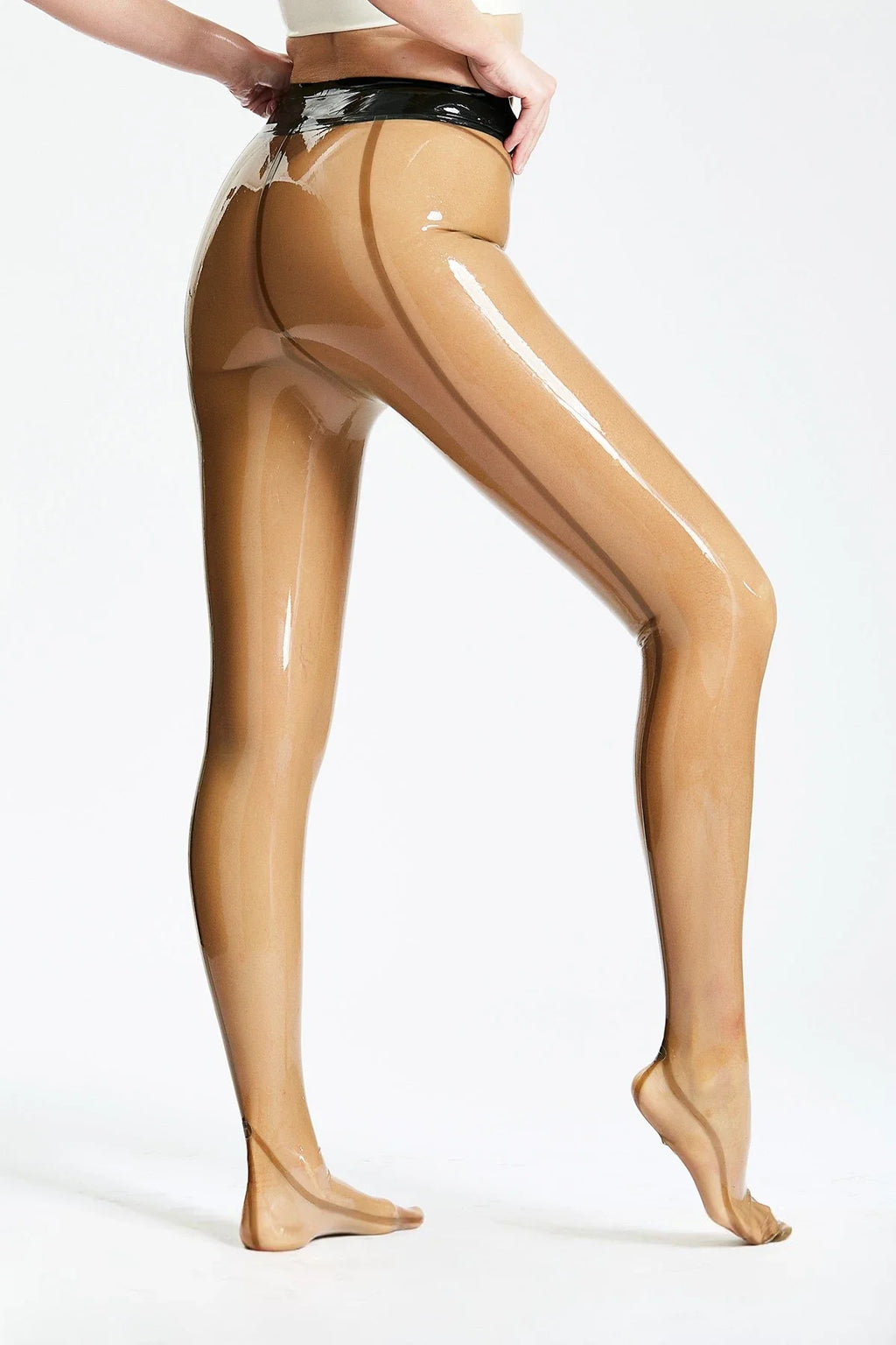 Translucent Brown & Black Contrast-Trim Pull-On Latex Leggings