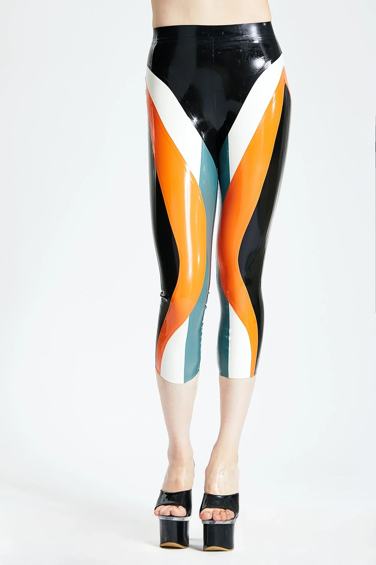 Black & Orange Color-Block Zipperless Latex Leggings