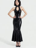 Black Press-Stud Halter Fantail Back-Zip Latex Dress