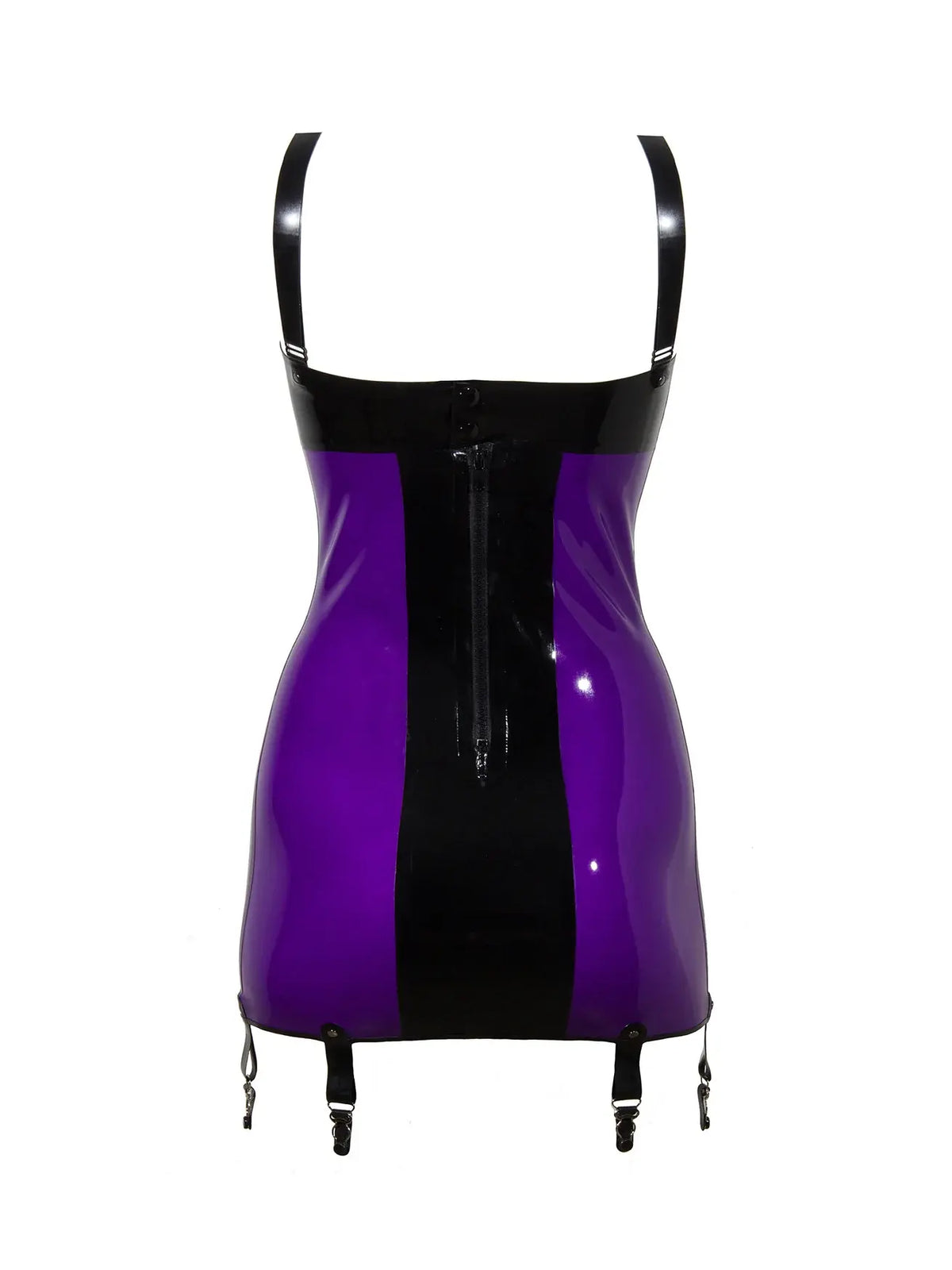 Black Purple-Trim Snap Back-Zip Latex Dress