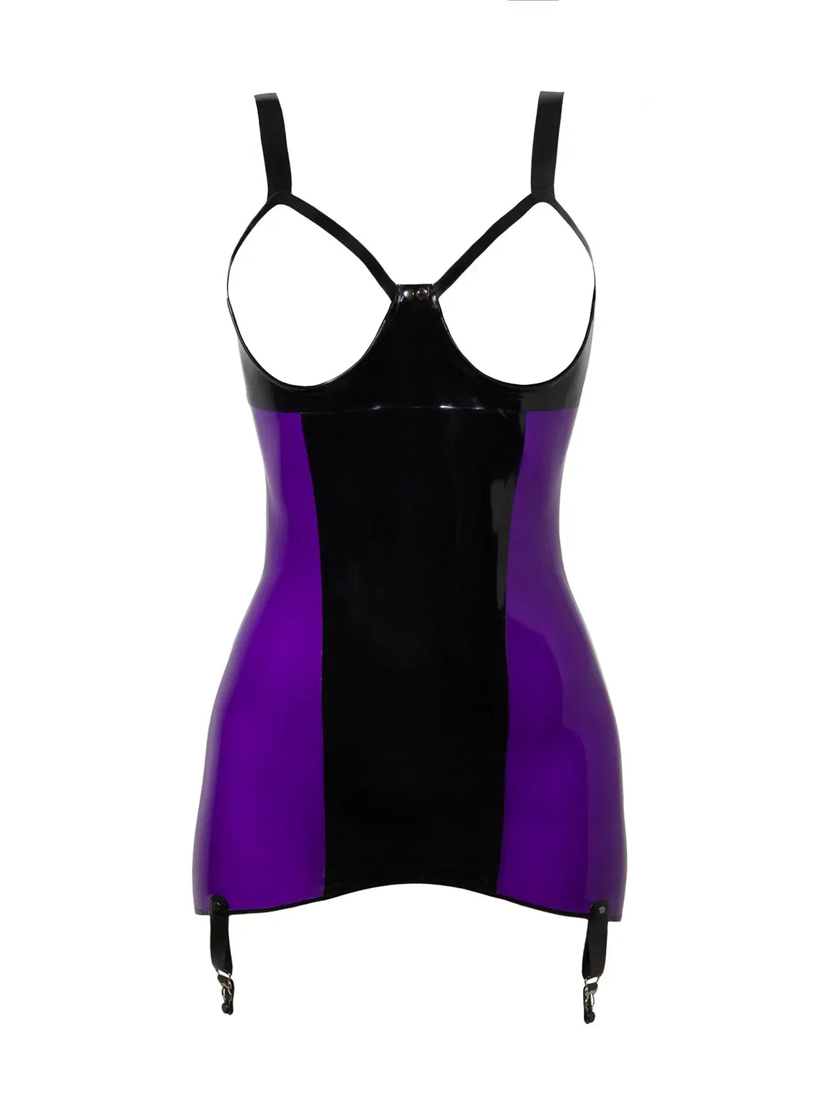 Black Purple-Trim Snap Back-Zip Latex Dress
