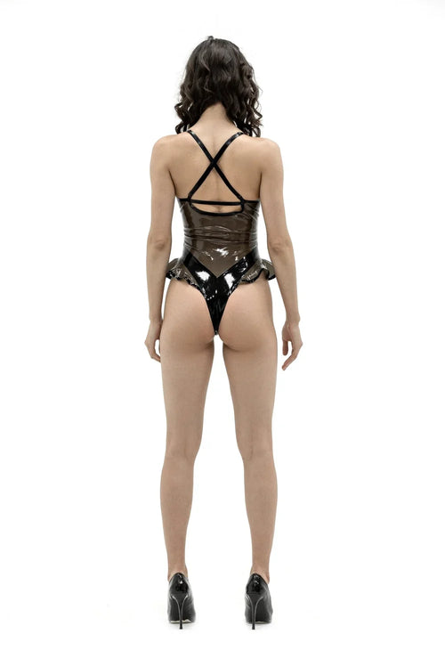 Black & Translucent Frilled High-Leg Zipped Latex Bodysuit