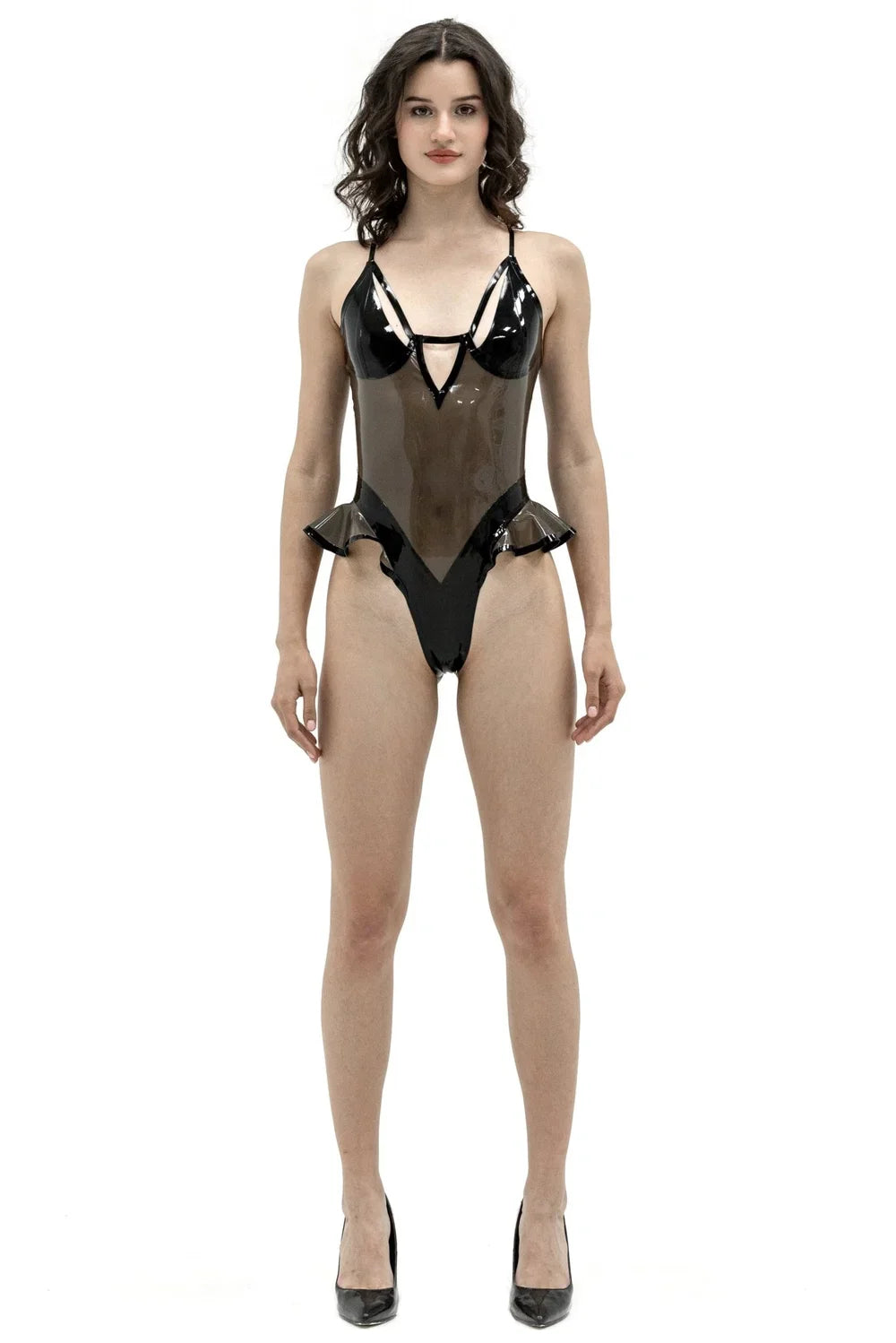 Black & Translucent Frilled High-Leg Zipped Latex Bodysuit