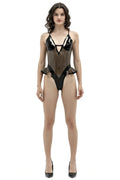 Black & Translucent Frilled High-Leg Zipped Latex Bodysuit