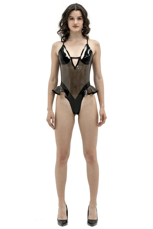 Black & Translucent Frilled High-Leg Zipped Latex Bodysuit