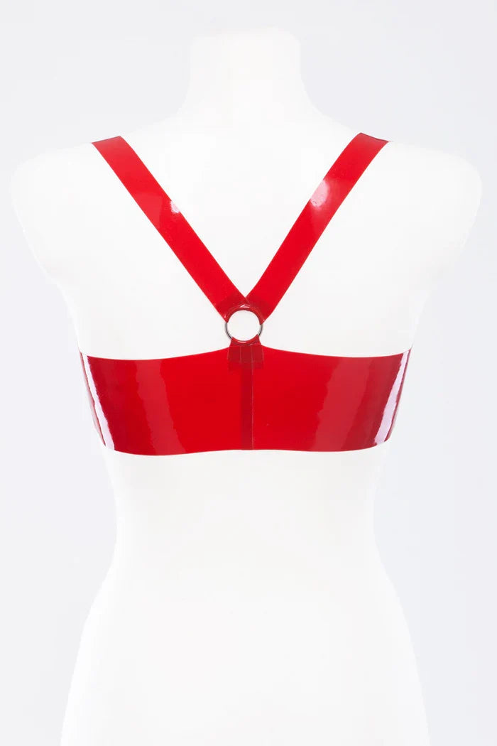 Red Triple-Ring Glossy Pull-On Latex Bra