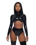 Black Underwire Long-Sleeve Back-Zip Latex Crop Top
