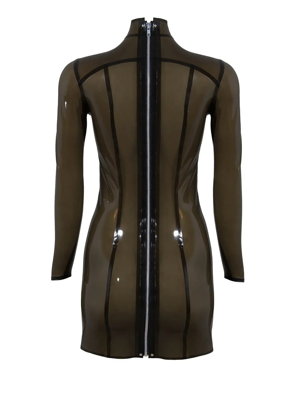 Transparent Princess-Seam Raglan Back-Zip Latex Mini Dress