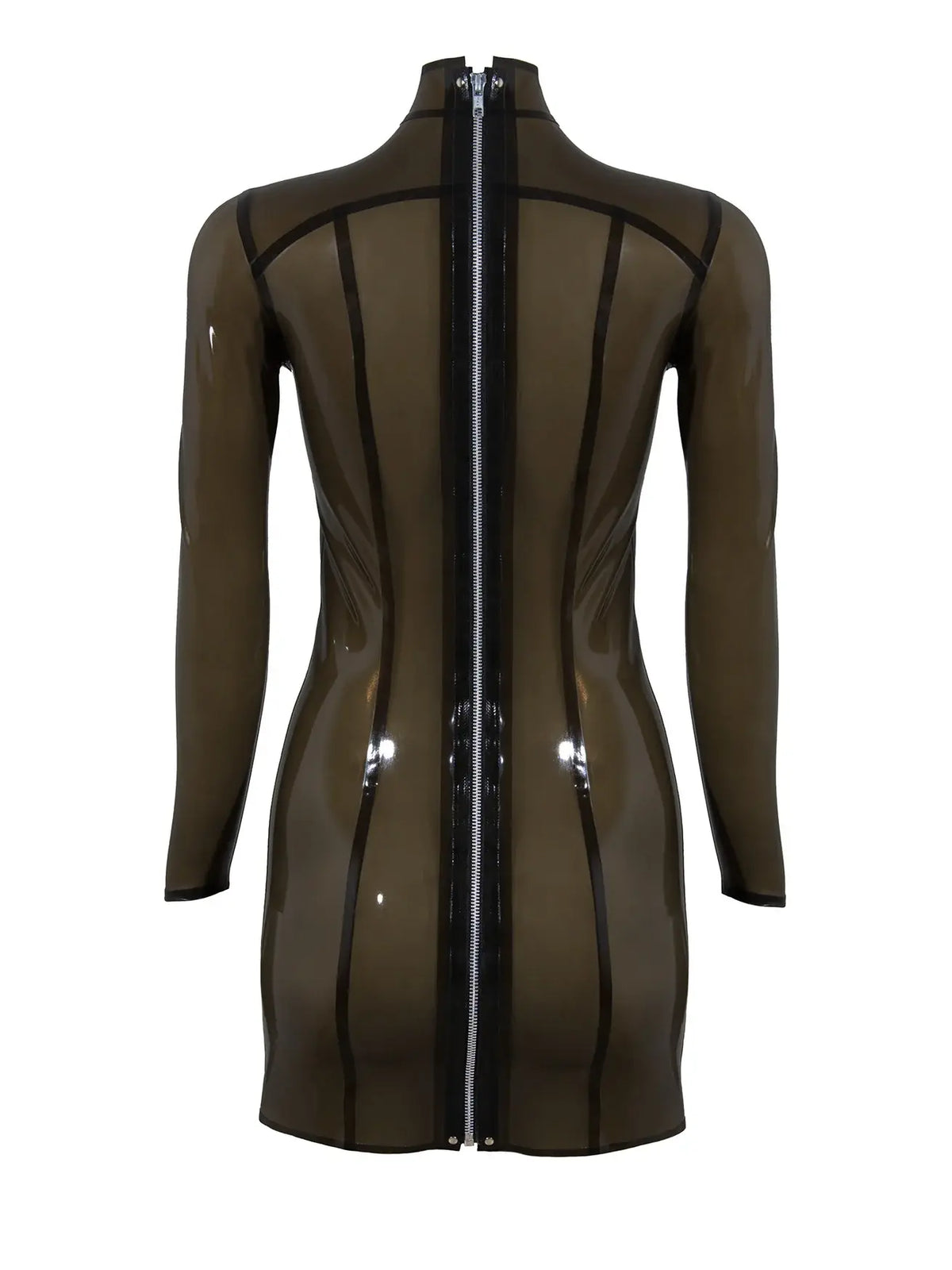 Transparent Princess-Seam Raglan Back-Zip Latex Mini Dress