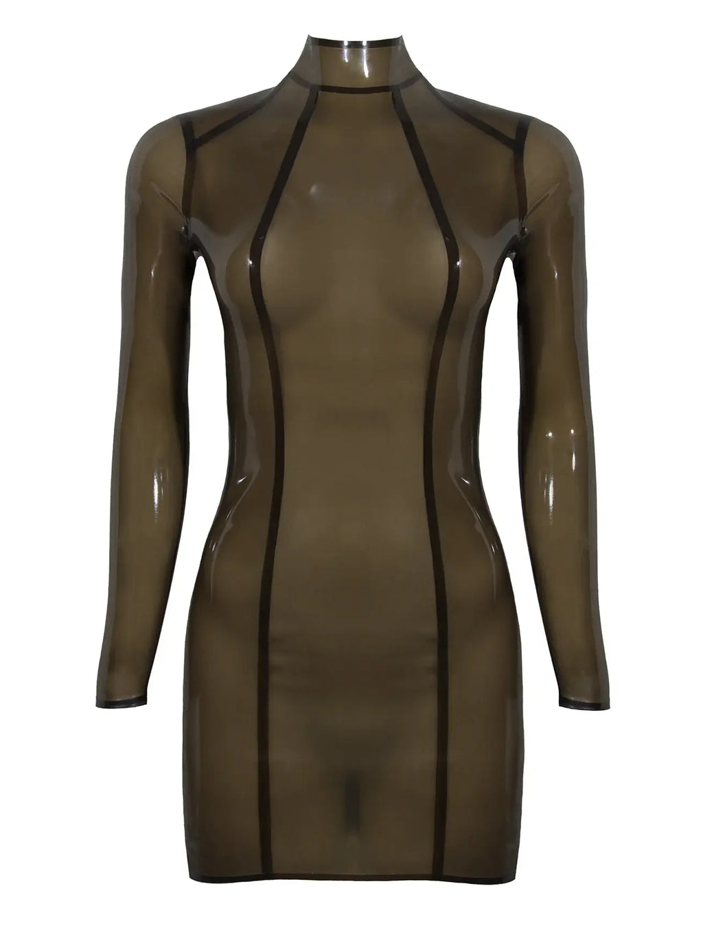 Transparent Princess-Seam Raglan Back-Zip Latex Mini Dress