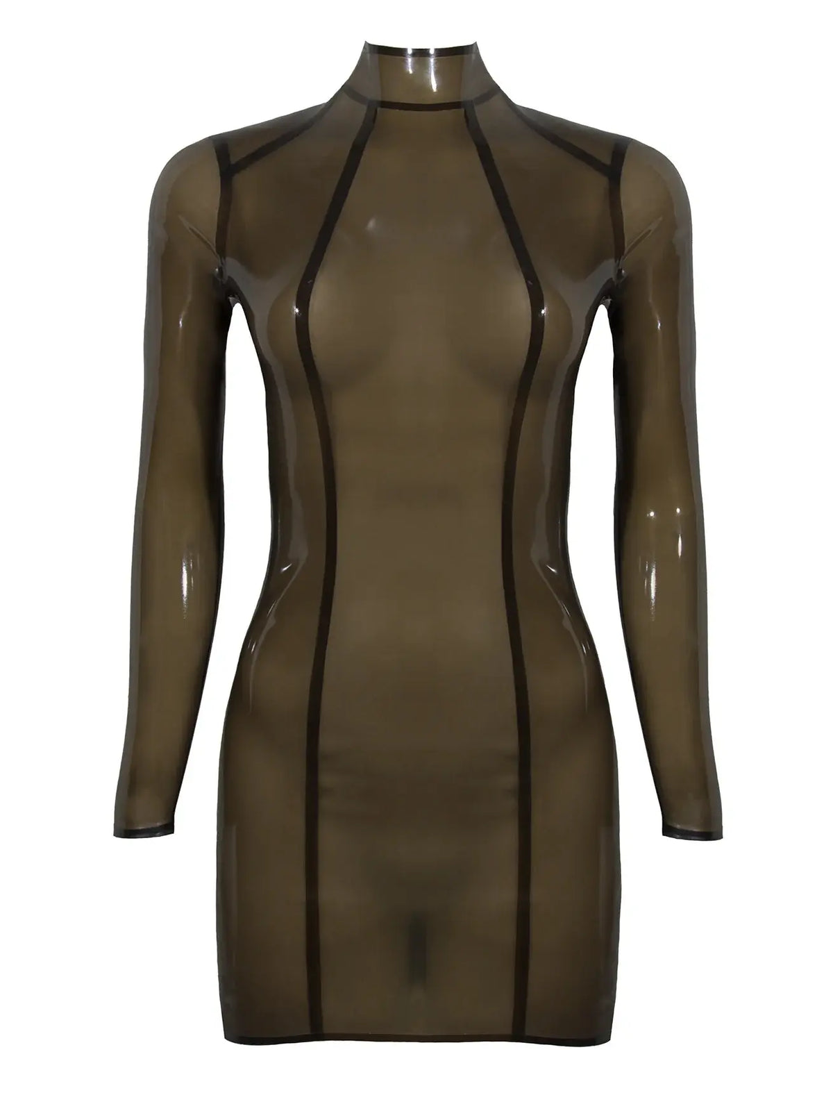 Transparent Princess-Seam Raglan Back-Zip Latex Mini Dress
