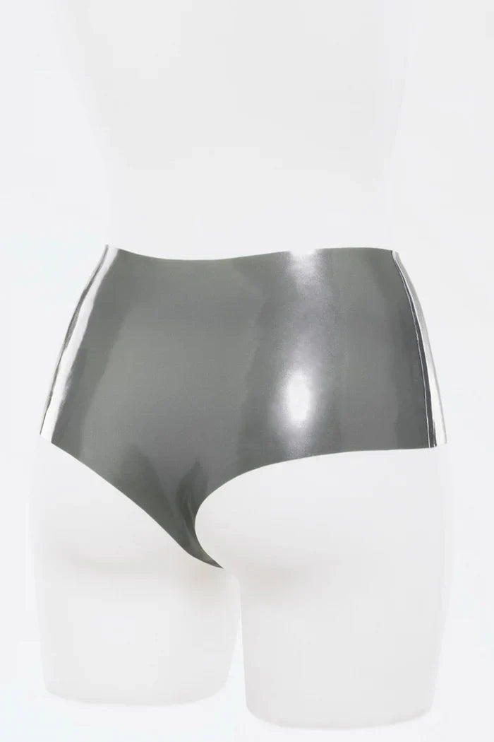 Metallic Silver Thong-Back Optional-Cutout Latex Shorts