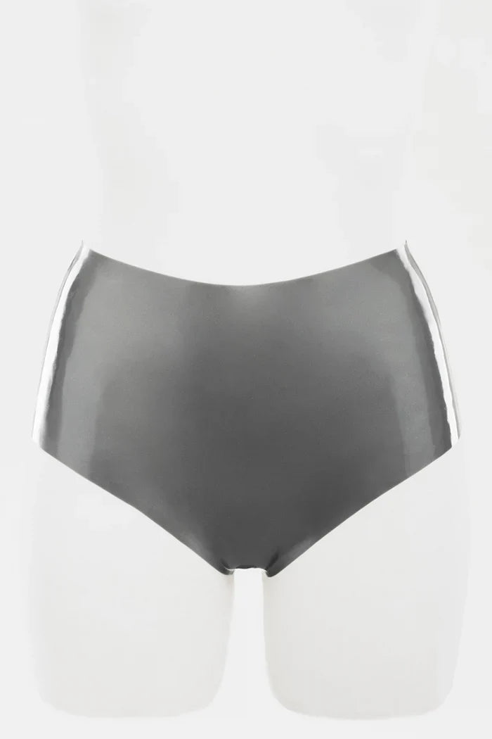 Metallic Silver Thong-Back Optional-Cutout Latex Shorts