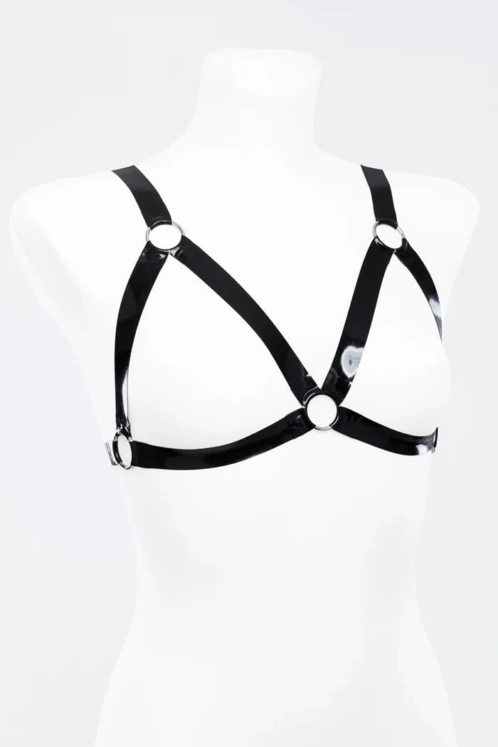 Black Metal-Ring Pull-On Strap Latex Harness Bra