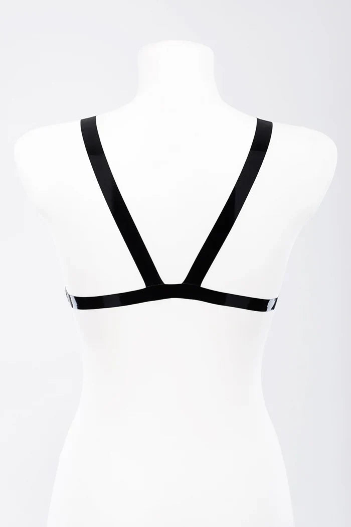 Black Metal-Ring Pull-On Strap Latex Harness Bra