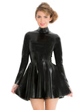 Black High-Neck Pleated Full-Zip Latex Skater Dress