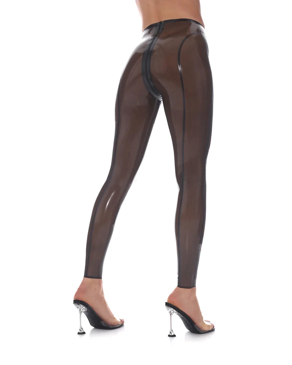 Smoky Black High-Waist Back-Seam Crotch-Zip Latex Leggings