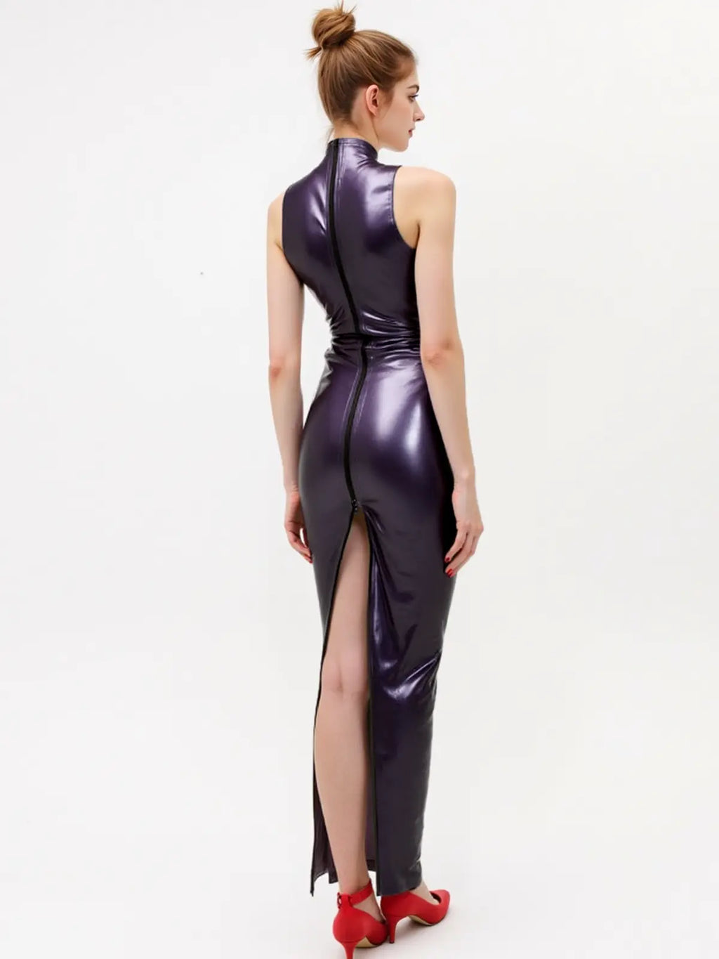 Purple Sleeveless Double-Way Back-Zip Latex Maxi Dress