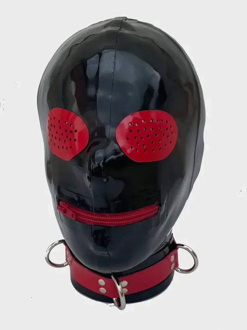 Black Red Compound-Eye Zip-Mouth Latex Hood