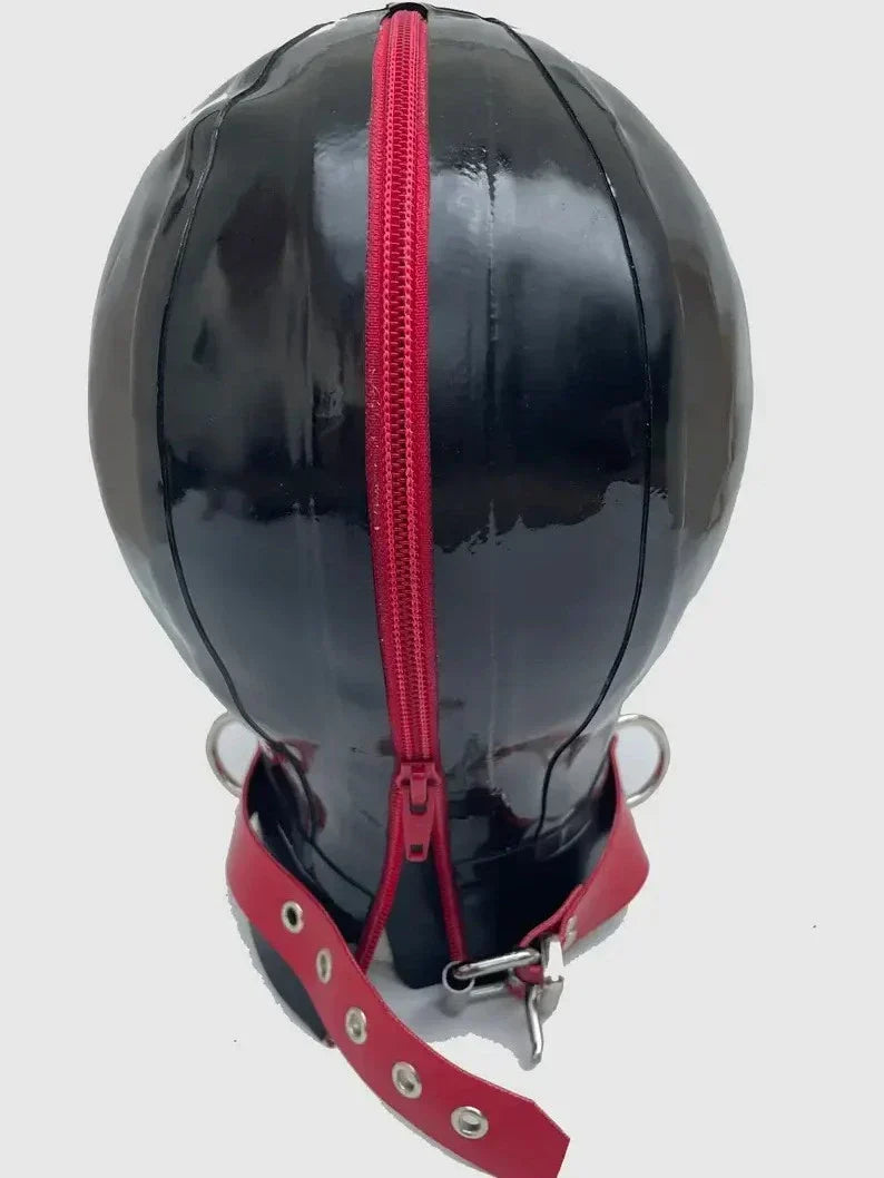 Black Red Compound-Eye Zip-Mouth Latex Hood