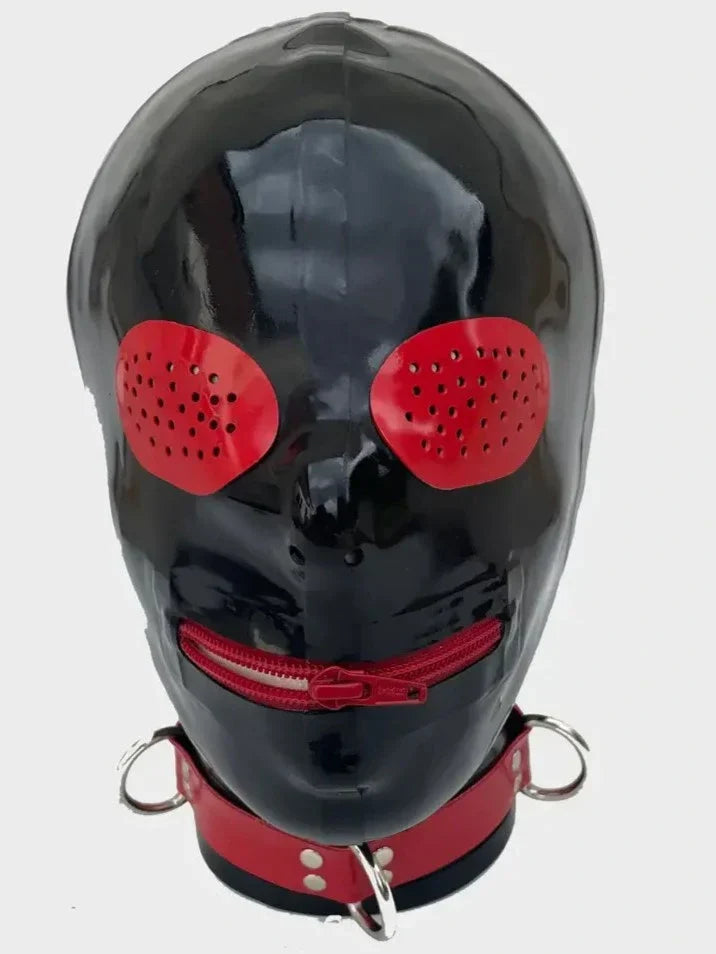 Black Red Compound-Eye Zip-Mouth Latex Hood