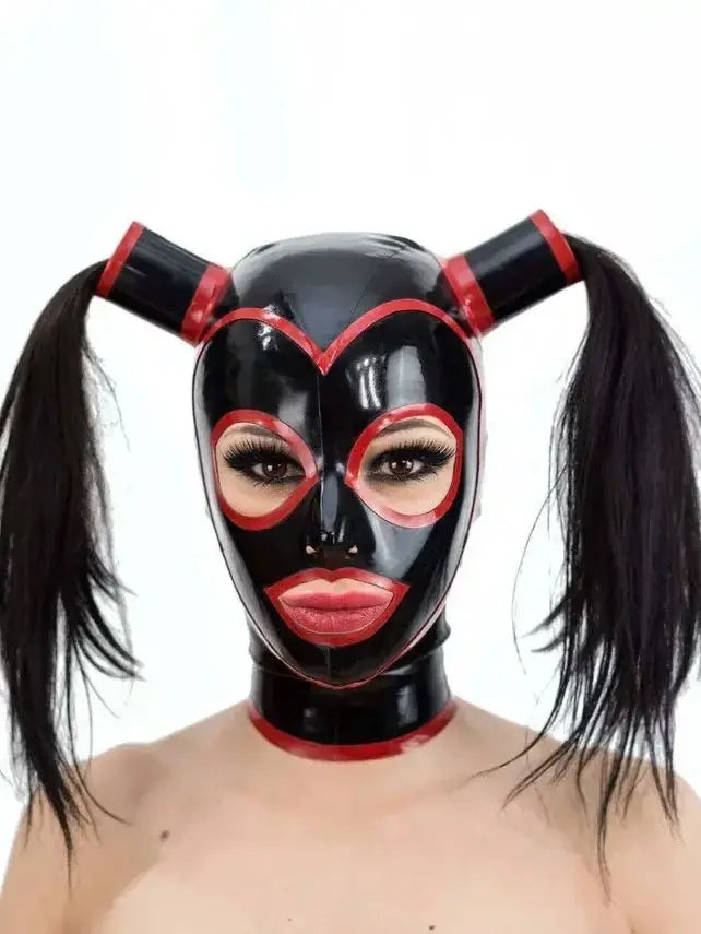 Contrast-Trim Pigtail-Tube Back-Zip Latex Hood