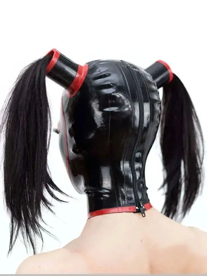 Contrast-Trim Pigtail-Tube Back-Zip Latex Hood