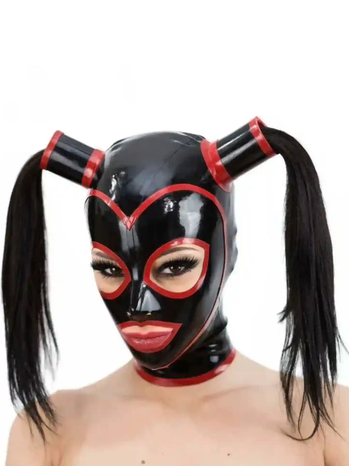 Contrast-Trim Pigtail-Tube Back-Zip Latex Hood