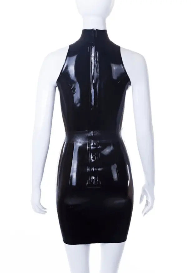 Black Keyhole Snake-Belt Back-Zip Latex Mini Dress