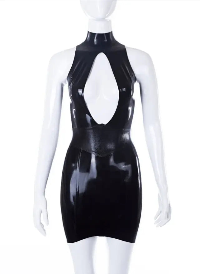 Black Keyhole Snake-Belt Back-Zip Latex Mini Dress