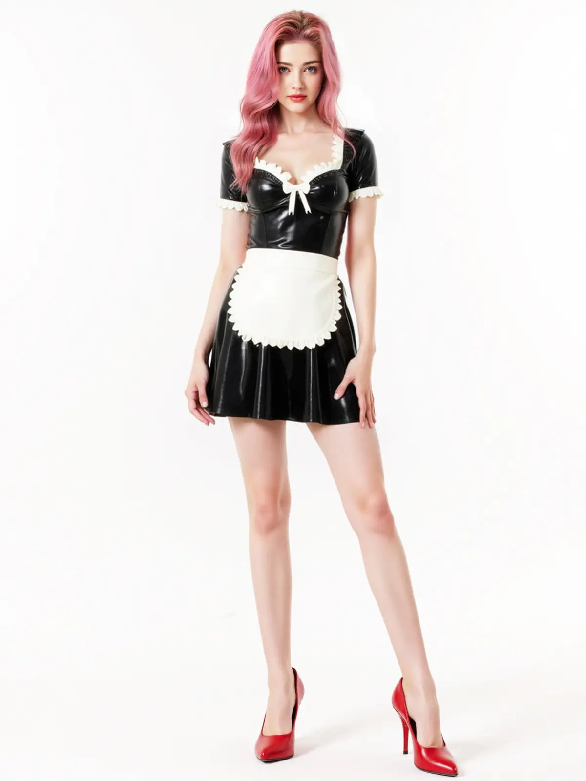 Black White-Trim V-Neck Maid Latex Micro Dress