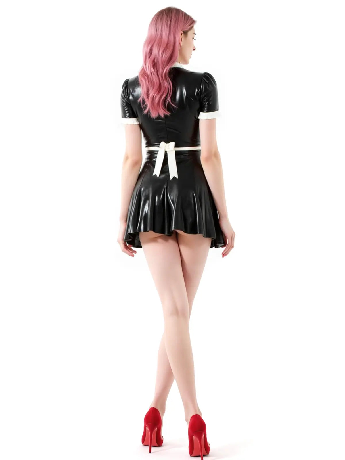 Black White-Trim V-Neck Maid Latex Micro Dress
