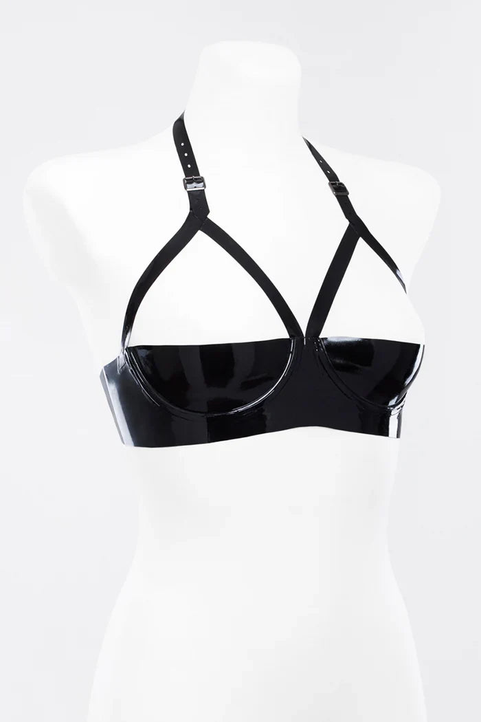 Black Open-Bust Underwire Buckle-Strap Button-Back Latex Bra