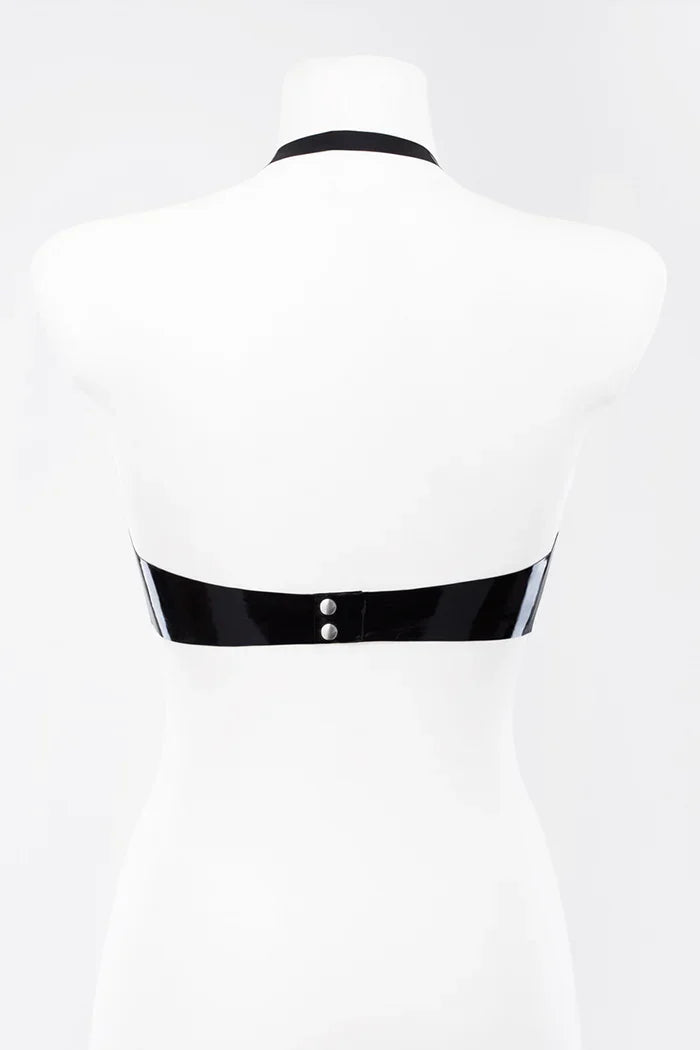 Black Open-Bust Underwire Buckle-Strap Button-Back Latex Bra