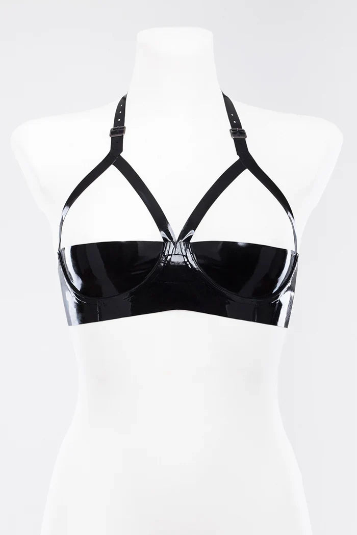 Black Open-Bust Underwire Buckle-Strap Button-Back Latex Bra