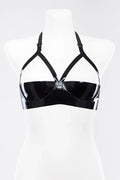 Black Open-Bust Underwire Buckle-Strap Button-Back Latex Bra