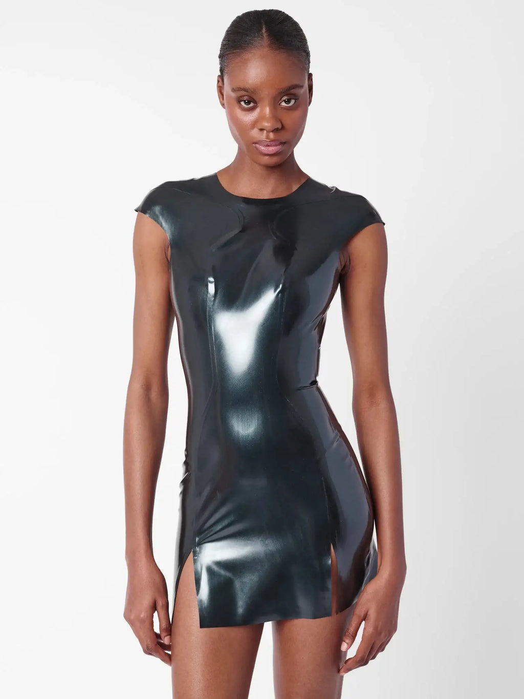Black Cap-Sleeve Open-Back Twin-Slit Latex Mini Dress