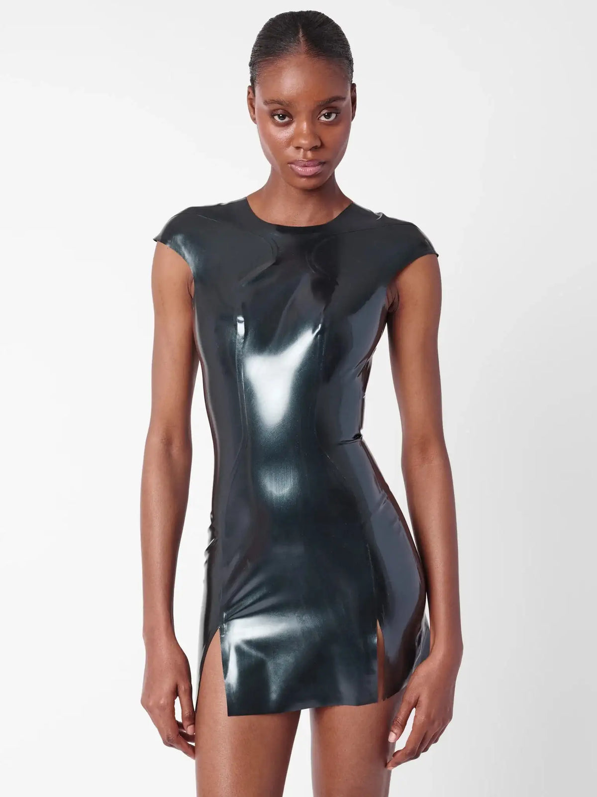 Black Cap-Sleeve Open-Back Twin-Slit Latex Mini Dress