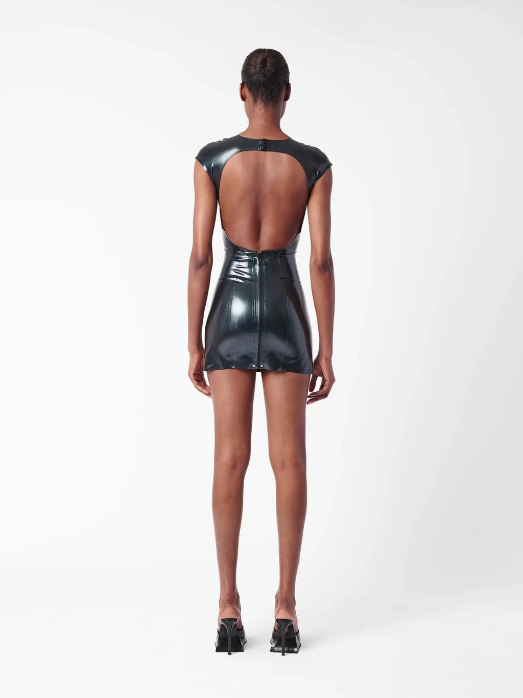 Black Cap-Sleeve Open-Back Twin-Slit Latex Mini Dress