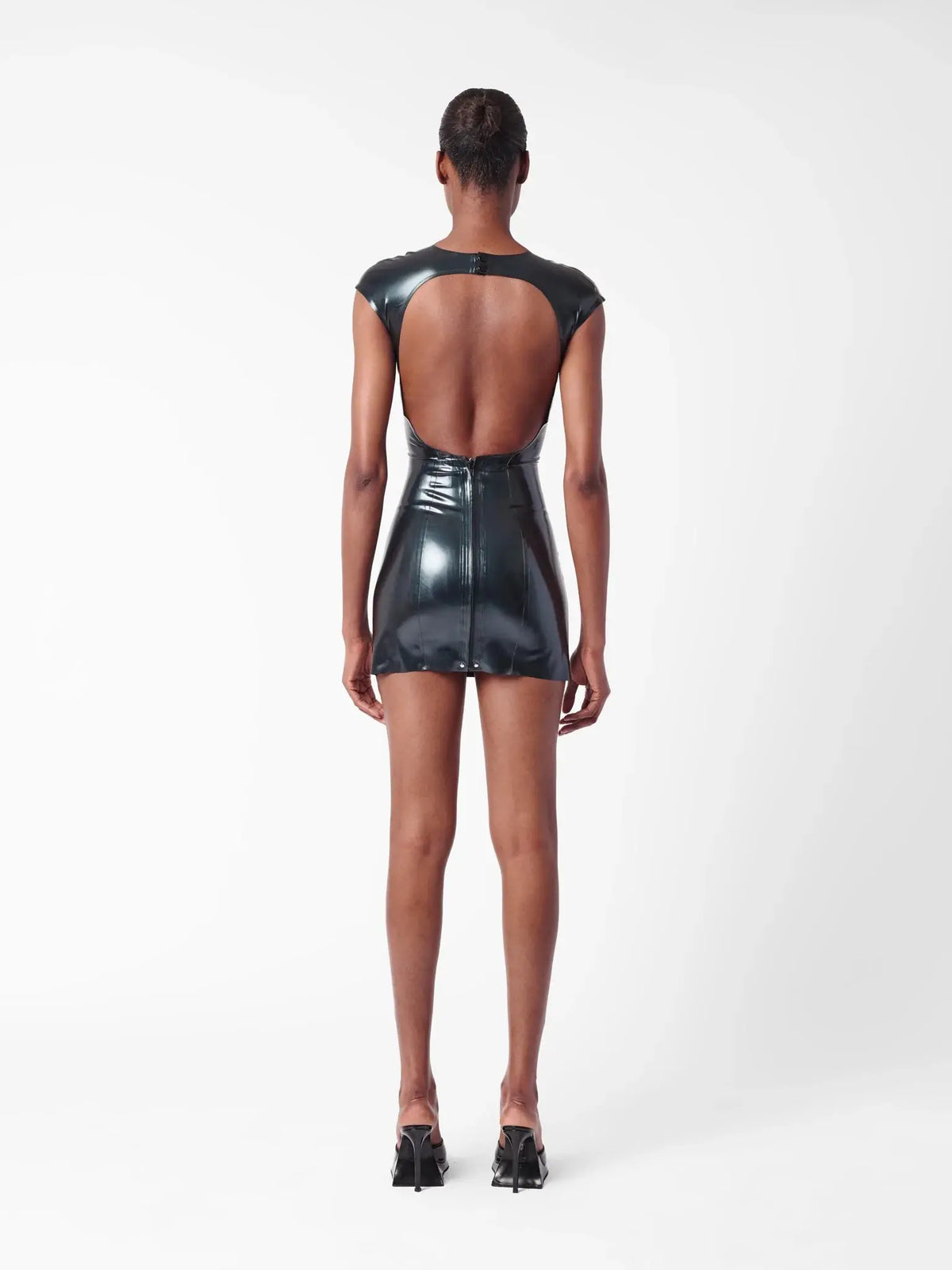 Black Cap-Sleeve Open-Back Twin-Slit Latex Mini Dress
