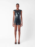 Black Cap-Sleeve Open-Back Twin-Slit Latex Mini Dress