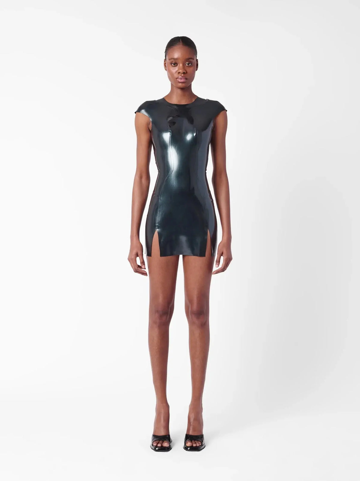 Black Cap-Sleeve Open-Back Twin-Slit Latex Mini Dress